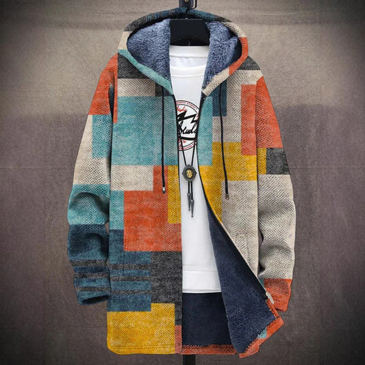 Giacca con cappuccio a blocchi di colore, design geometrico multicolore, tessuto invernale caldo, moda casual uomo, tendenze abbigliamento 2023.