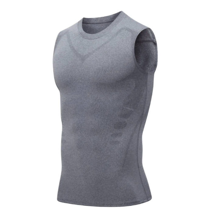 Canotta sportiva grigia senza maniche, tessuto traspirante, design aderente, ideale per allenamento e fitness.