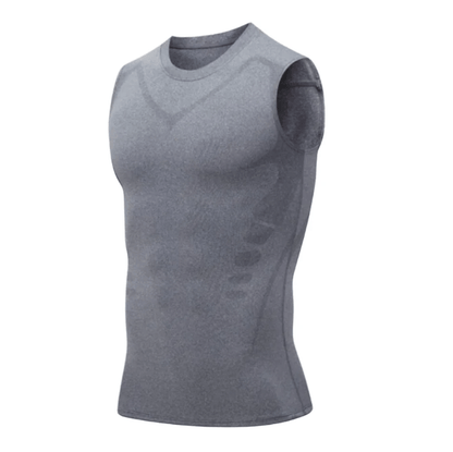 Canotta sportiva grigia senza maniche, tessuto traspirante, design aderente, ideale per allenamento e fitness.