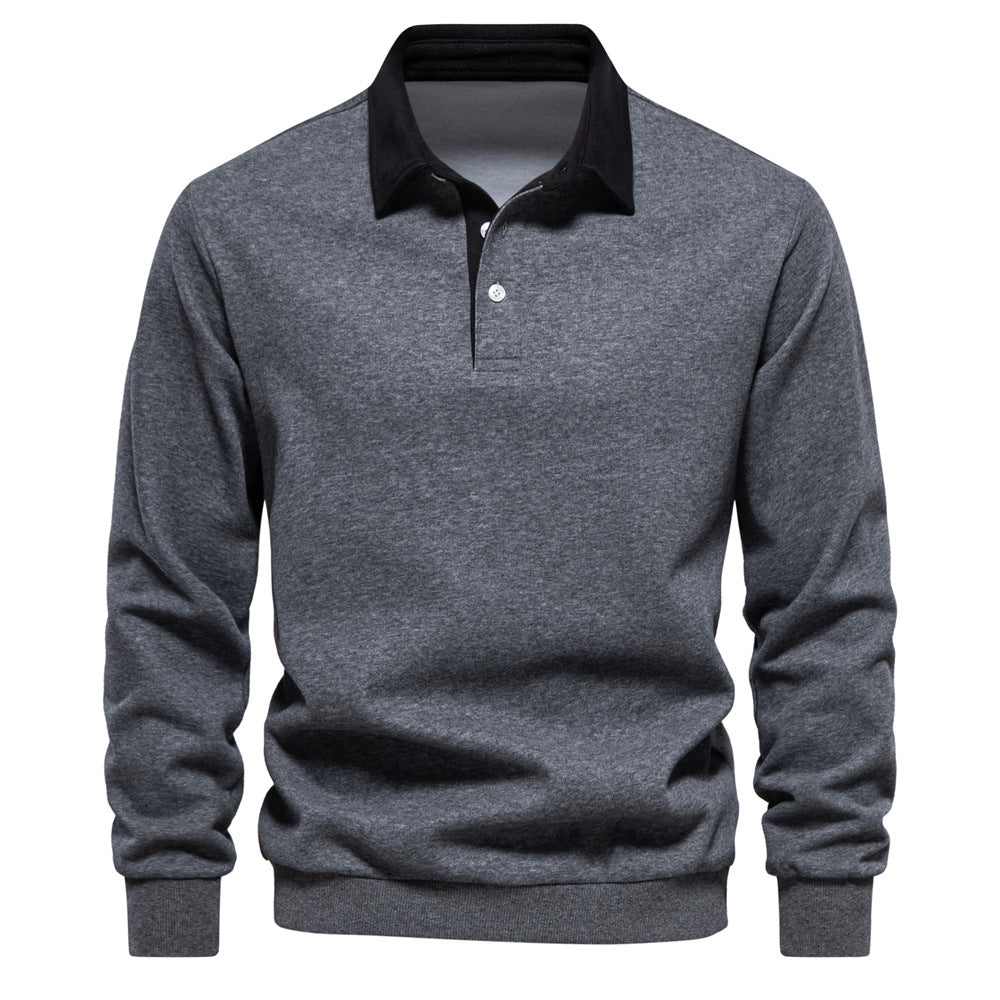 Maglione grigio uomo con colletto nero, maniche lunghe, stile casual elegante, perfetto per autunno inverno, moda maschile contemporanea.