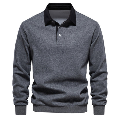 Maglione grigio uomo con colletto nero, maniche lunghe, stile casual elegante, perfetto per autunno inverno, moda maschile contemporanea.