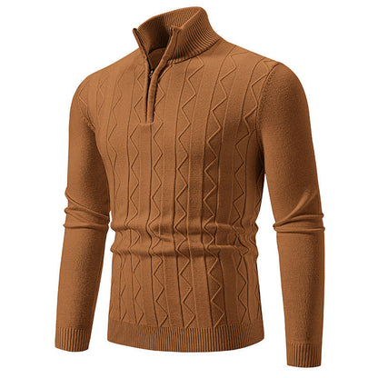 Maglione marrone a collo alto con zip, motivo a trecce, maniche lunghe, stile casual elegante, perfetto per l'autunno e l'inverno.