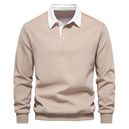 Maglione beige da uomo con colletto bianco, stile casual elegante, perfetto per l'autunno. Maglia a maniche lunghe, ideale per look sofisticati.