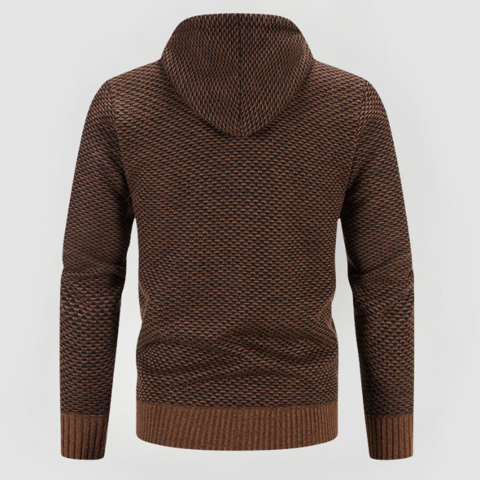 Maglione marrone con cappuccio, motivo a maglia intrecciata, maniche lunghe, stile casual. Perfetto per l'autunno e l'inverno.