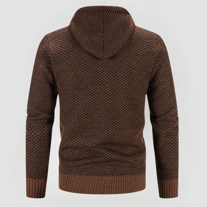 Maglione marrone con cappuccio, motivo a maglia intrecciata, maniche lunghe, stile casual. Perfetto per l'autunno e l'inverno.