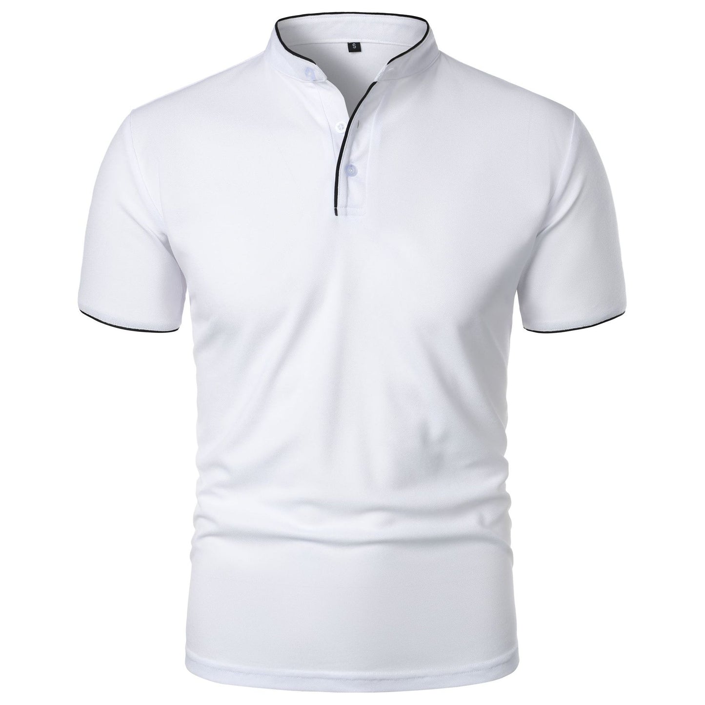 Maglietta bianca a maniche corte con colletto alla coreana e bordi neri, design elegante e moderno, ideale per moda uomo casual e formale.
