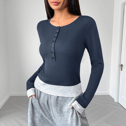 Top til kvinder med lange ærmer, slim fit, rund halsudskæring og falsk todelt design