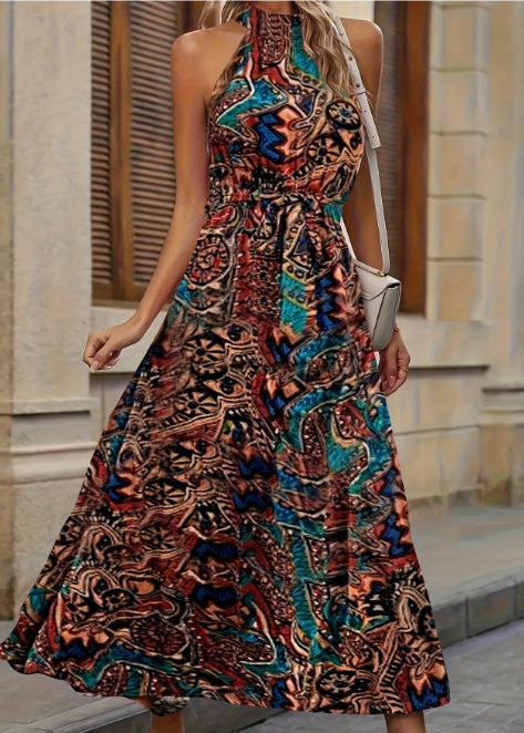 Abito a Vita Alta con Stampa Boho e Maniche Lunghe | Ideale per Primavera ed Estate