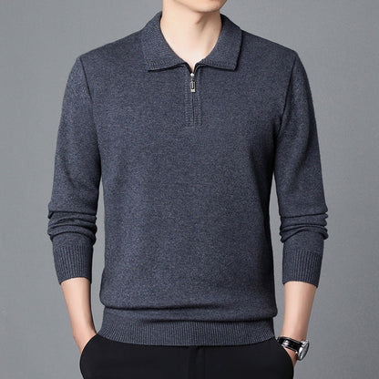 Maglione uomo grigio scuro con zip e colletto, maniche lunghe, stile casual elegante, perfetto per moda autunnale e invernale.