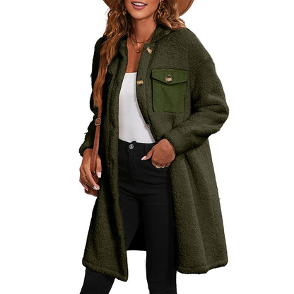Chaqueta larga otoñal para mujer de lana de cordero, lisa, con cierre de cremallera