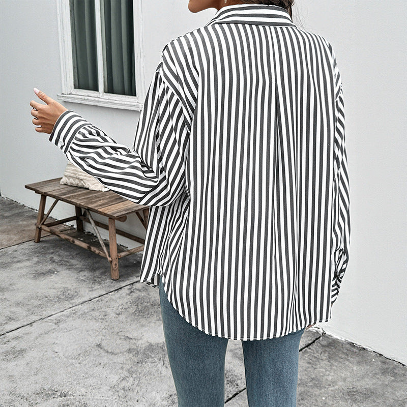 Women's Long Sleeve Striped Shirt with Button Closure and Lightweight Design