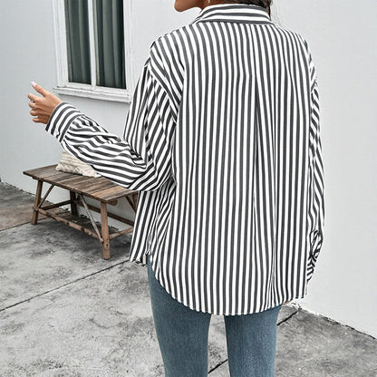Women's Long Sleeve Striped Shirt with Button Closure and Lightweight Design