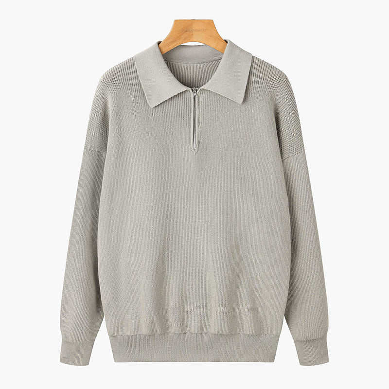 Maglione grigio chiaro con zip e colletto, design casual ed elegante, perfetto per moda autunnale e invernale. Maglieria uomo/donna di tendenza.