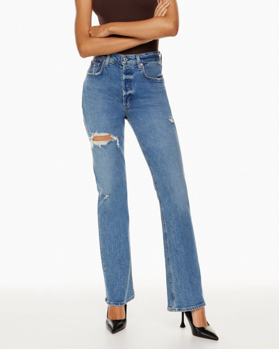 Jeans de mujer en denim de pierna recta y cintura alta con rotos