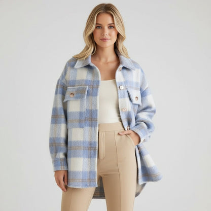 Chaqueta de mujer otoñal a cuadros con ajuste oversize y cierre de botones