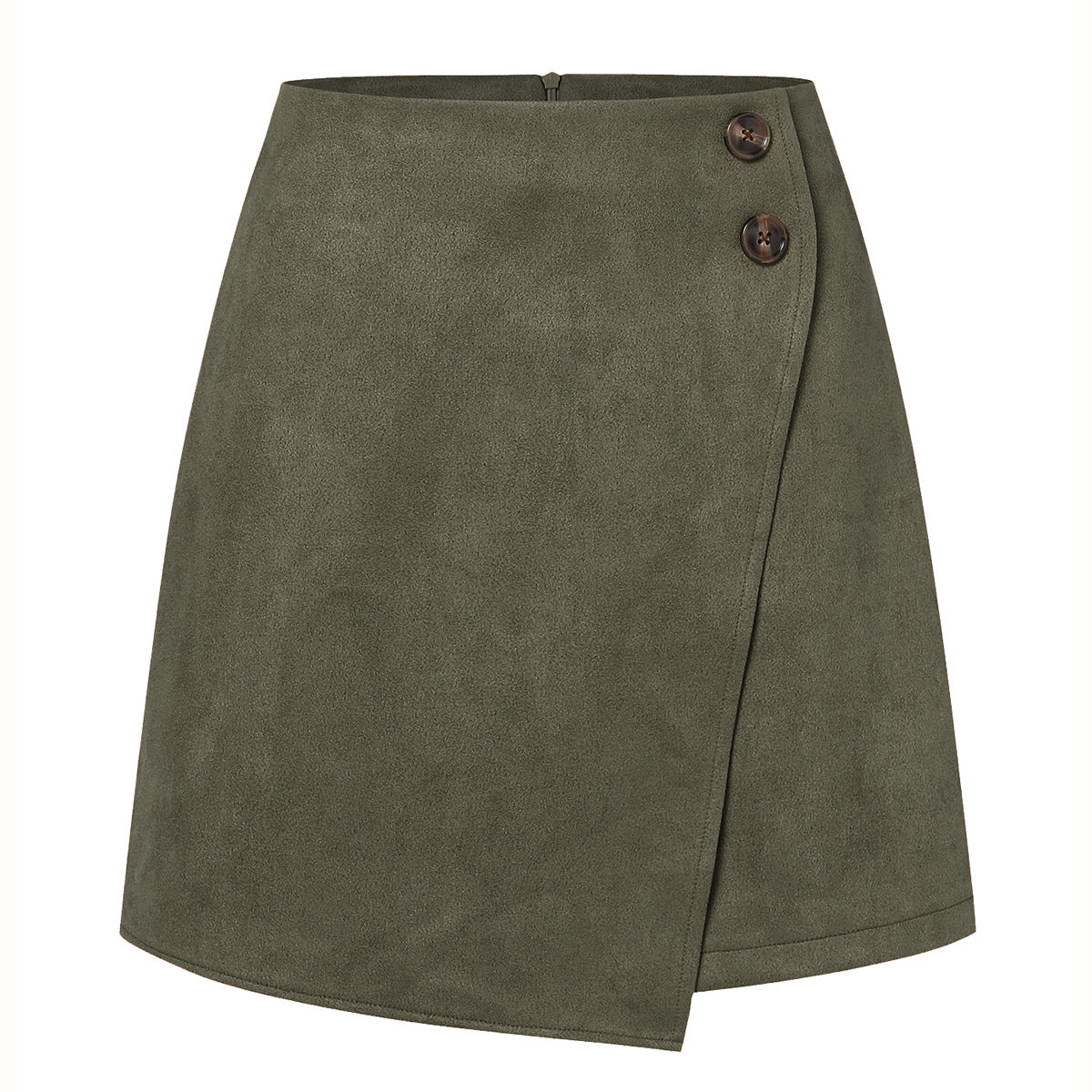 Gonna corta verde oliva in tessuto scamosciato con chiusura a due bottoni. Design elegante e moderno, perfetto per moda autunnale.
