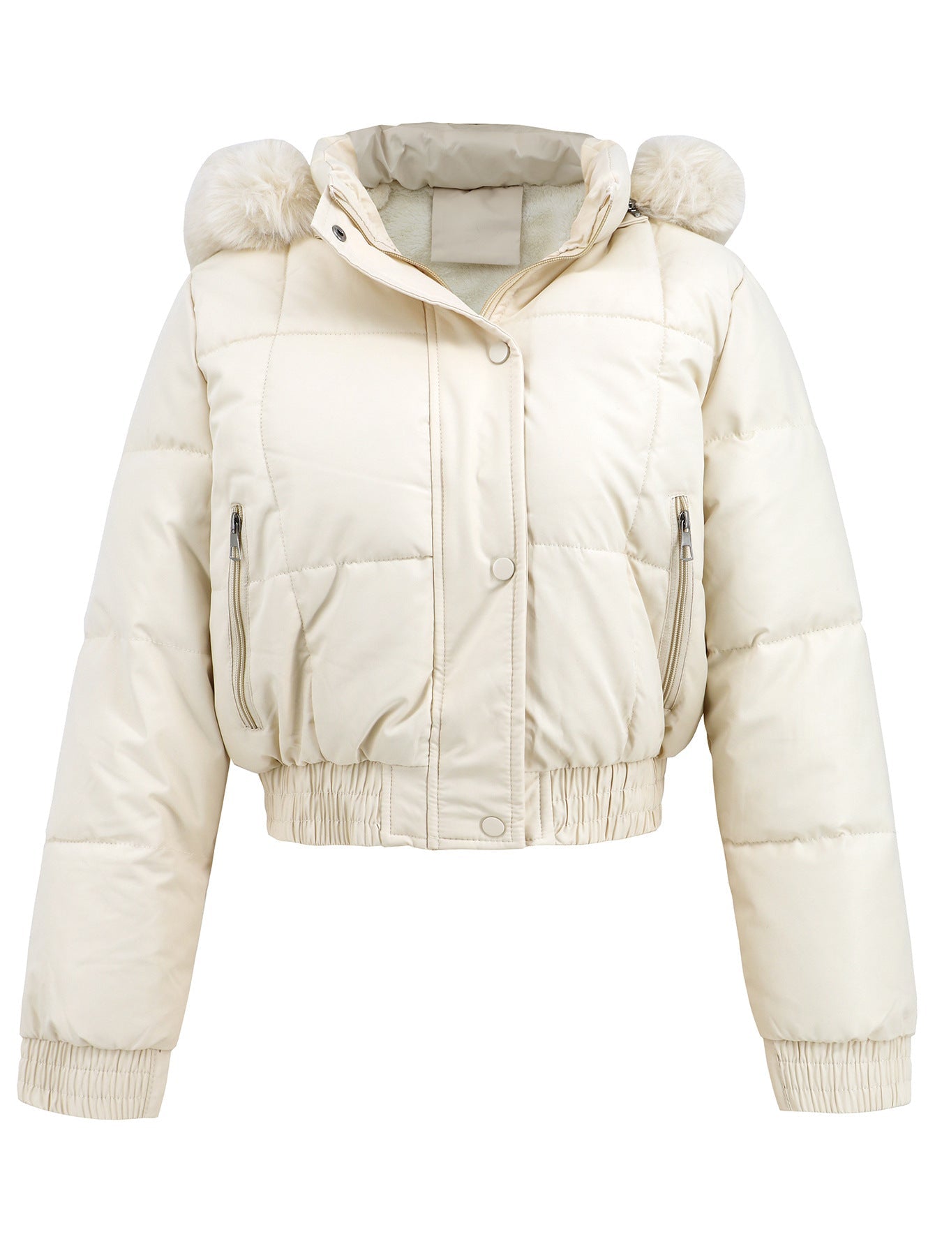 Giacca invernale imbottita bianca con cappuccio e pelliccia sintetica, chiusura a zip e bottoni, tasche laterali, stile casual e caldo.