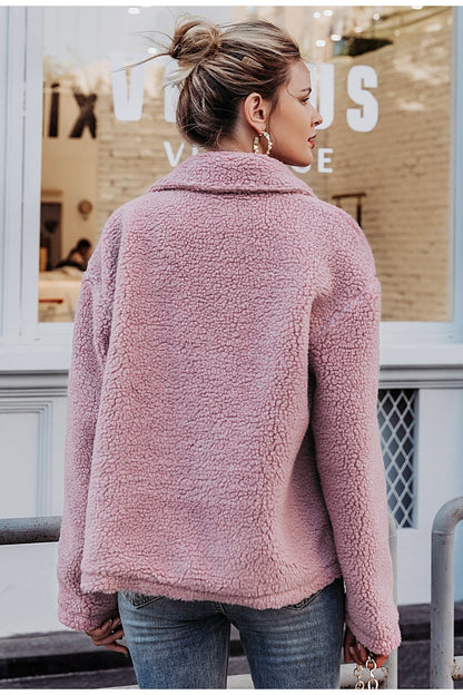 Abrigo de invierno para mujer en piel sintética con mangas largas y apertura frontal