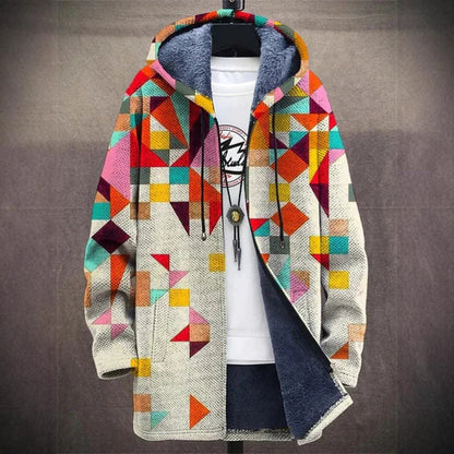 Giacca con cappuccio colorata, motivo geometrico astratto, tessuto invernale caldo, design moderno, moda uomo, abbigliamento casual.
