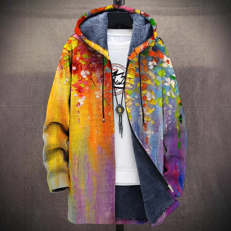 Giacca con cappuccio colorata, design astratto multicolore, tessuto morbido, ideale per moda streetwear, stile casual e vivace.