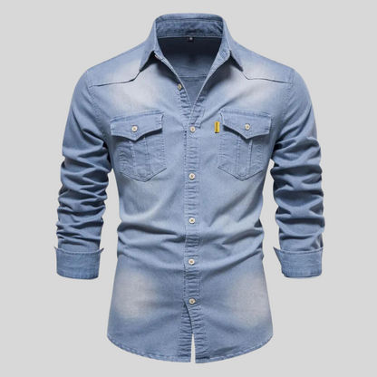 Camicia di Jeans da Uomo a Maniche Lunghe con Chiusura a Bottoni