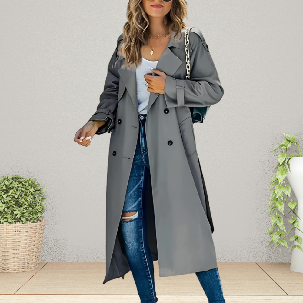 Trench Coat Primaverile da Donna Doppiopetto di Media Lunghezza