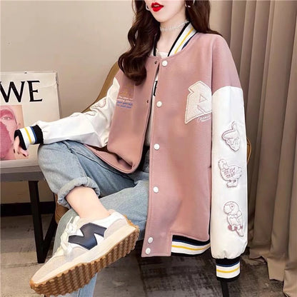 Chaqueta de mujer estilo béisbol con estampado de dibujos animados y mangas largas