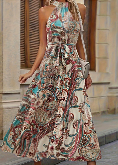 Abito a Vita Alta con Stampa Boho e Maniche Lunghe | Ideale per Primavera ed Estate