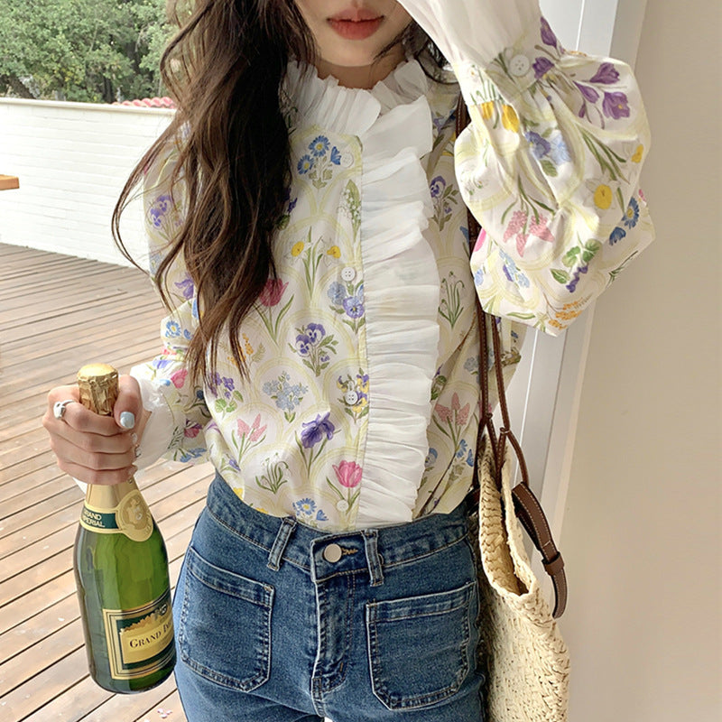 Blusa a Collo Alto con Patchwork e Balze con Maniche Svasate | Ideale per l'Autunno