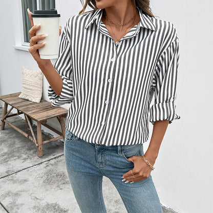 Women's Long Sleeve Striped Shirt with Button Closure and Lightweight Design