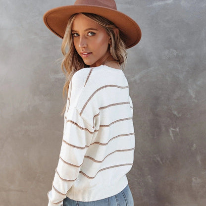 Maglione da Donna Pullover in Maglia a Righe con Maniche Lunghe e Scollo Rotondo