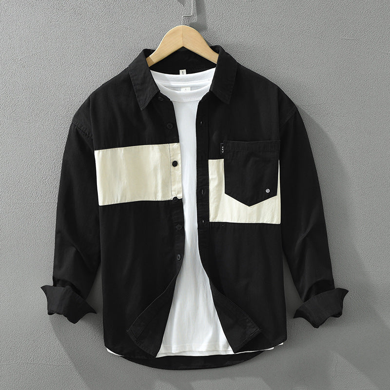 Herre Cargo Skjorte med Lange Ærmer, Løs Pasform og Patchwork Design