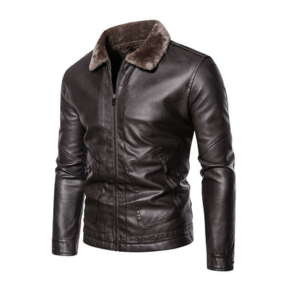 Giacca in pelle marrone da uomo con colletto in pelliccia sintetica, chiusura a zip, tasche laterali. Stile elegante e moderno per l'inverno.