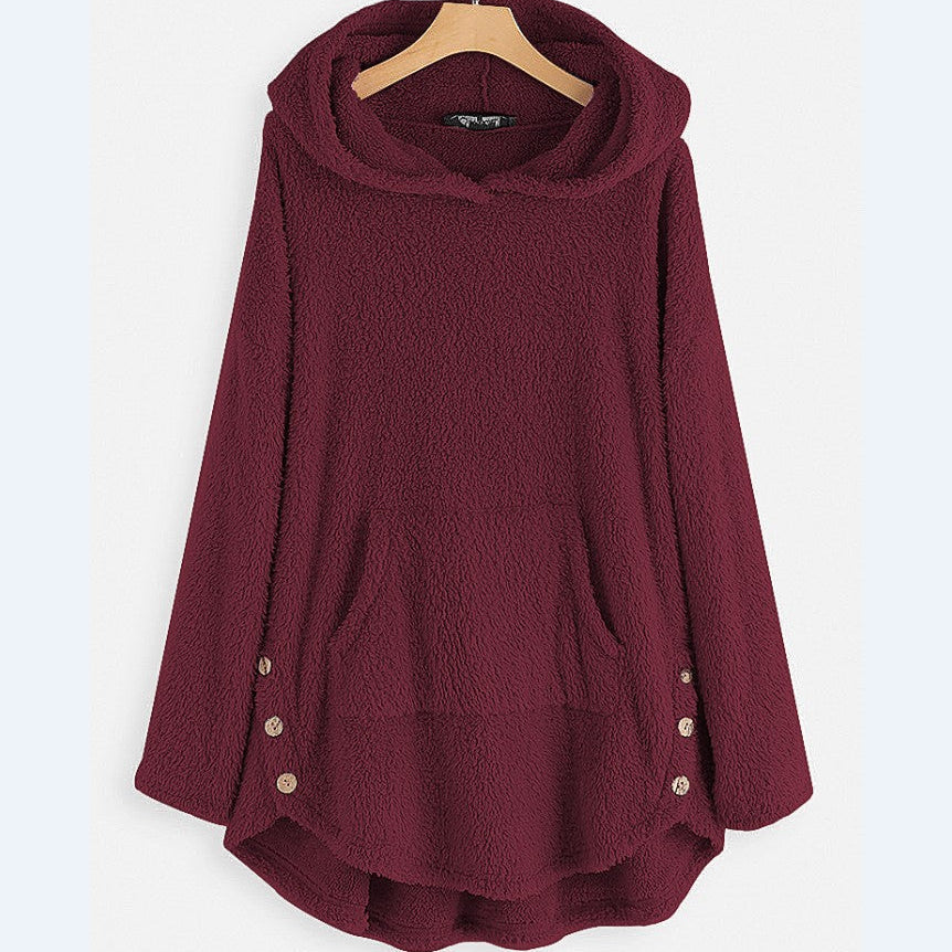 Felpa con cappuccio bordeaux, tessuto morbido, tasca frontale, bottoni laterali decorativi, design casual, ideale per l'autunno e l'inverno.