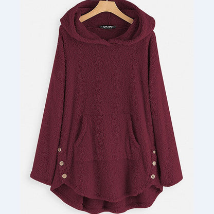Felpa con cappuccio bordeaux, tessuto morbido, tasca frontale, bottoni laterali decorativi, design casual, ideale per l'autunno e l'inverno.