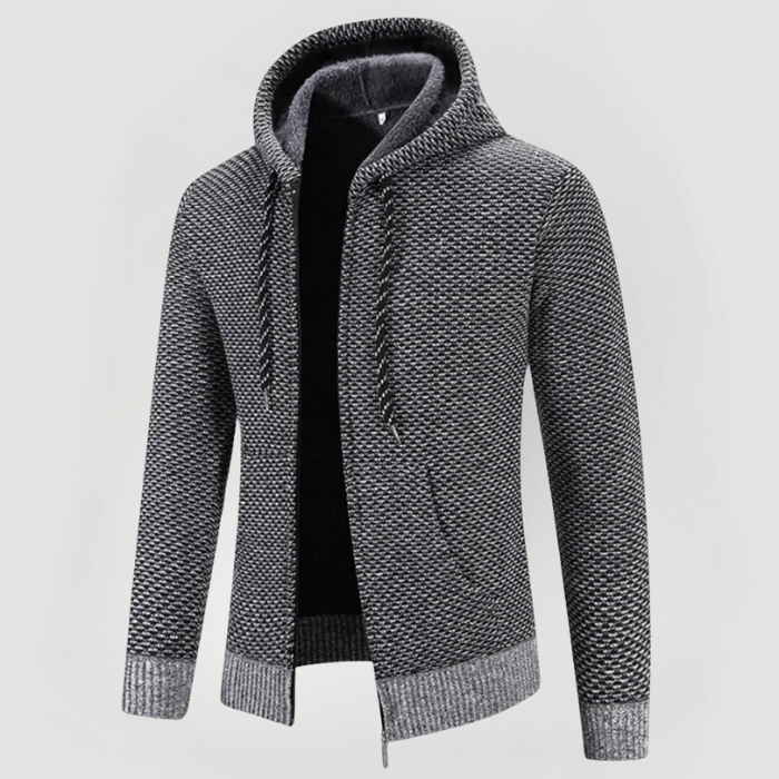 Felpa con cappuccio grigia in maglia, design moderno, chiusura a zip, tessuto intrecciato, ideale per moda casual e abbigliamento autunnale.