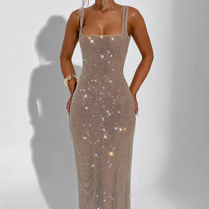 Abito con Paillettes a Doppia Spallina con Dettagli in Rete I Ideale per Primavera ed Estate