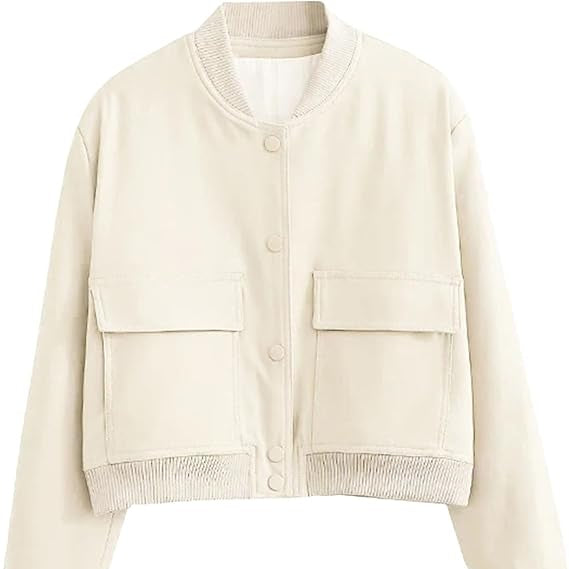 Giacca bomber beige da donna, design minimalista, chiusura a bottoni, tasche frontali, stile casual elegante, moda autunnale.