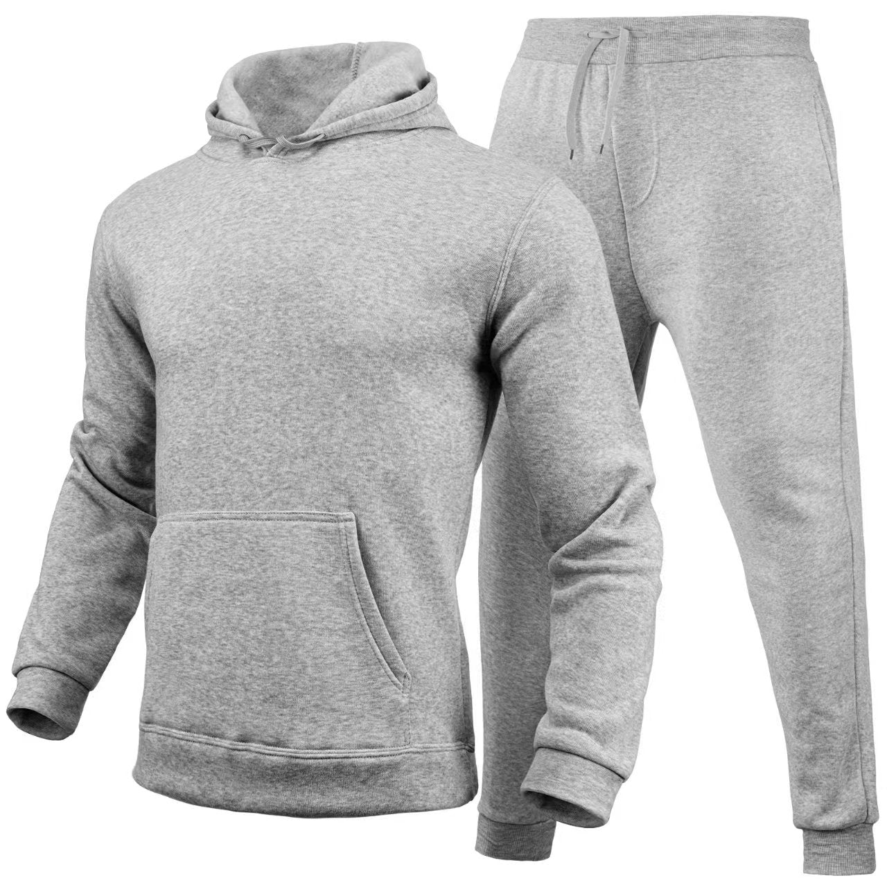 Tuta sportiva grigia in cotone, composta da felpa con cappuccio e pantaloni, ideale per allenamento e tempo libero. Abbigliamento casual uomo.