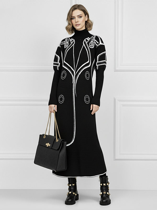 Abito Maglione Midi da Donna Autunnale con Mezza Alta Collare e Stampa