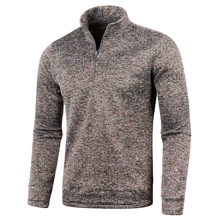 Maglione uomo grigio mélange con zip corta, maniche lunghe, stile casual, ideale per autunno e inverno. Tessuto caldo e confortevole.