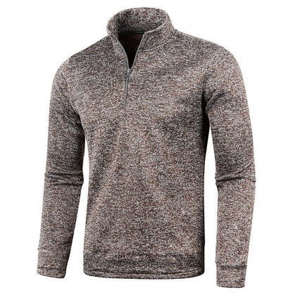 Maglione uomo grigio mélange con zip corta, maniche lunghe, stile casual, ideale per autunno e inverno. Tessuto caldo e confortevole.