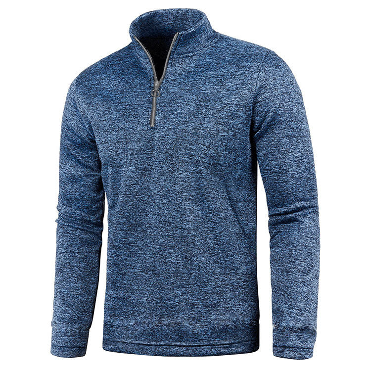 Maglione uomo blu melange con zip corta, maniche lunghe, stile casual. Ideale per moda autunno inverno, abbigliamento comodo e versatile.