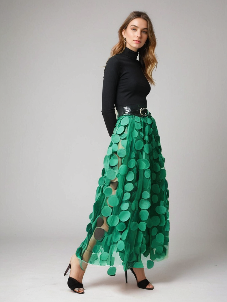 Donna in abito elegante: maglia nera a collo alto e gonna lunga verde con cerchi trasparenti. Moda femminile, abbigliamento chic, tendenze 2023.