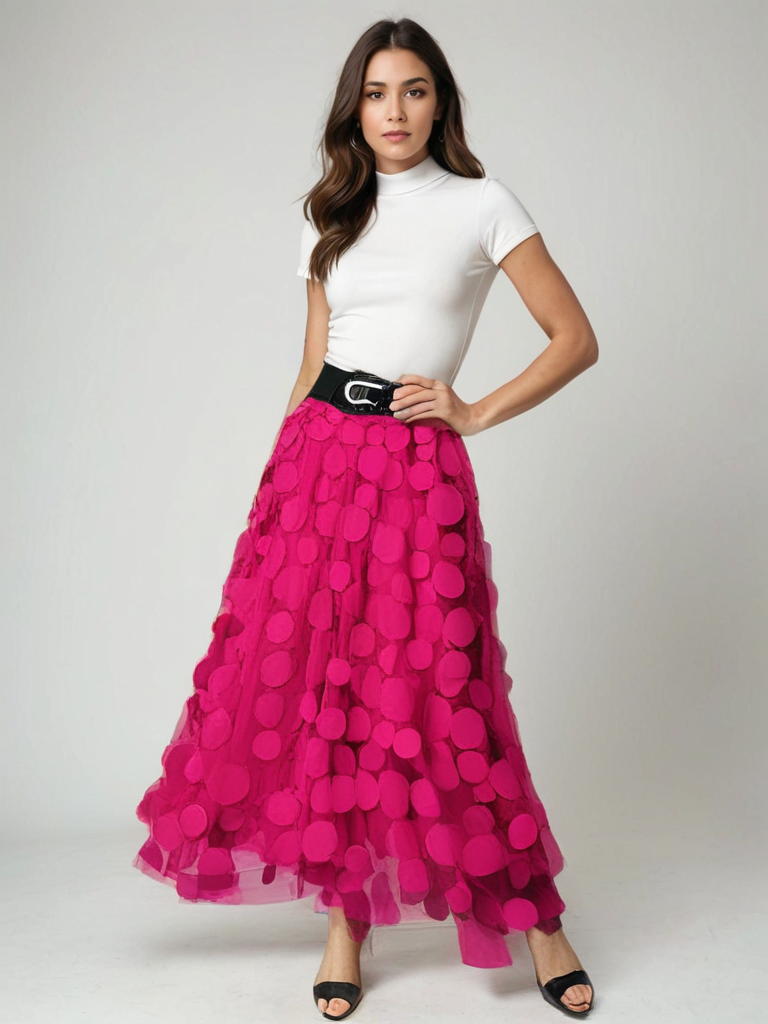 Donna con maglietta bianca e gonna lunga fucsia a pois, cintura nera, sandali neri. Moda femminile elegante, abbigliamento estivo trendy.