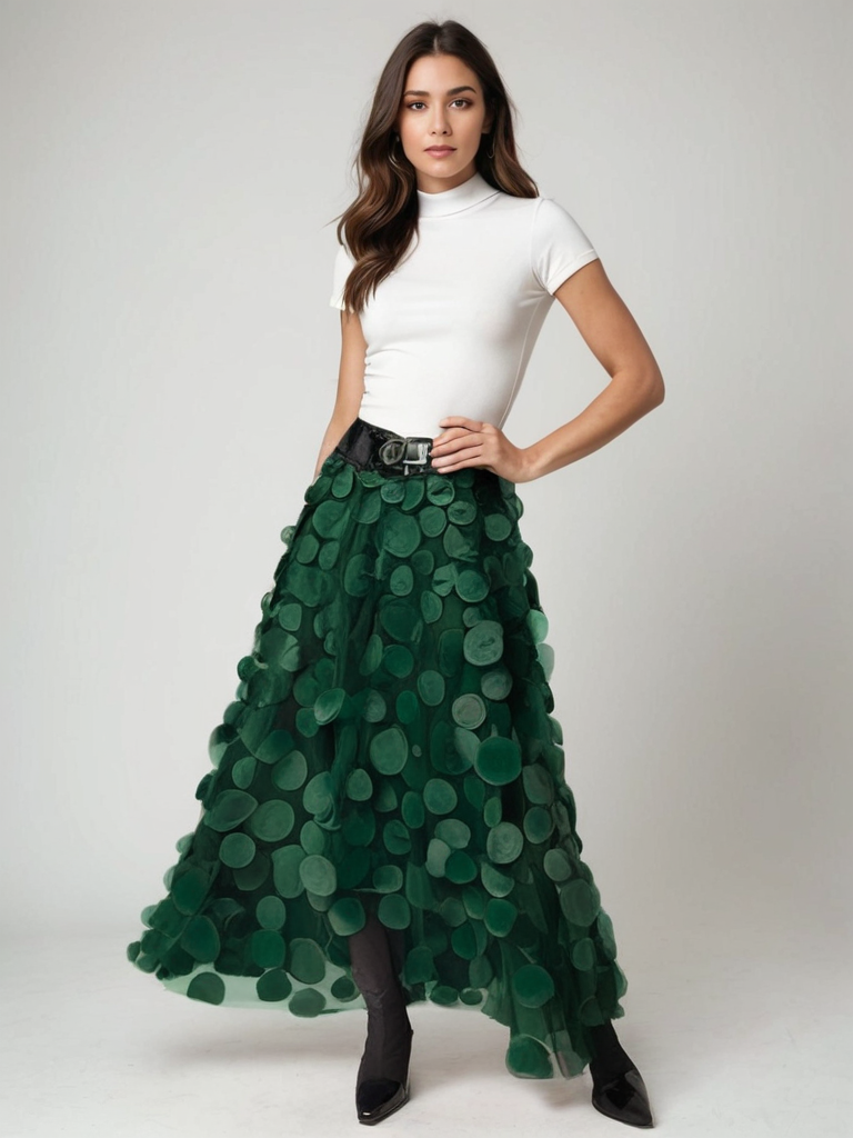 Donna con maglietta bianca e gonna lunga verde a pois, posa elegante. Moda femminile, abbigliamento trendy, stile autunnale.
