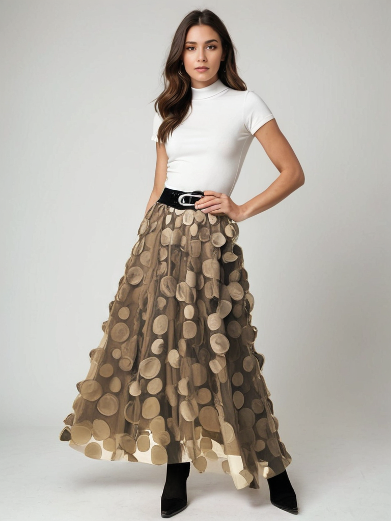 Donna con maglietta bianca e gonna lunga a pois marroni, cintura nera, stivali neri. Moda elegante, abbigliamento femminile autunnale.