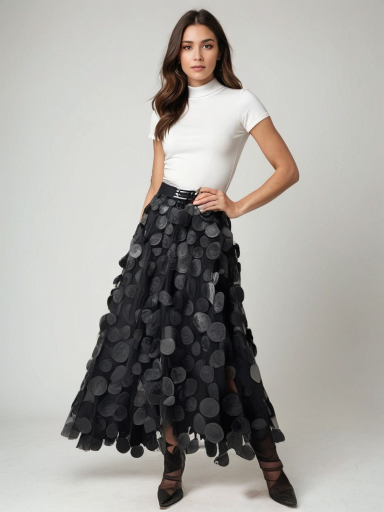 Donna con maglietta bianca e gonna lunga nera a pois, posa elegante. Moda femminile, abbigliamento casual chic, tendenze autunno.