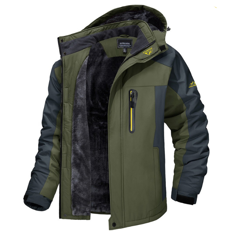 Giacca invernale impermeabile verde e grigia con cappuccio, fodera in pile, tasca con zip, ideale per escursioni e attività outdoor.