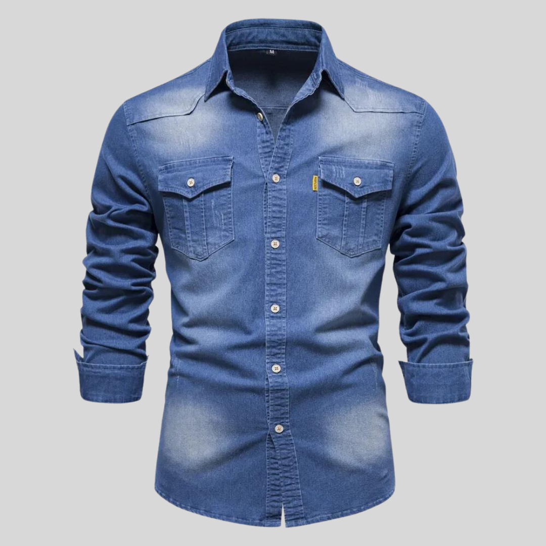 Camicia di Jeans da Uomo a Maniche Lunghe con Chiusura a Bottoni